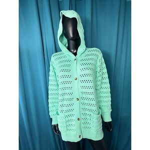 Denim & Co Mint Green Open Knit Hooded Cardigan Button Front Cotton Sweater XL